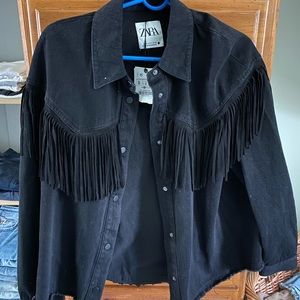 Zara Oversized Black Fringe Jean Jacket